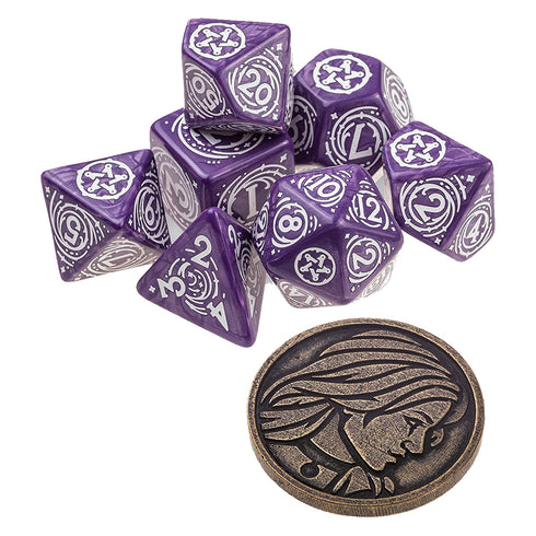 Q Workshop The Witcher Dice Set Yennefer - Lilac and Gooseberries Dice Set 7 with coin